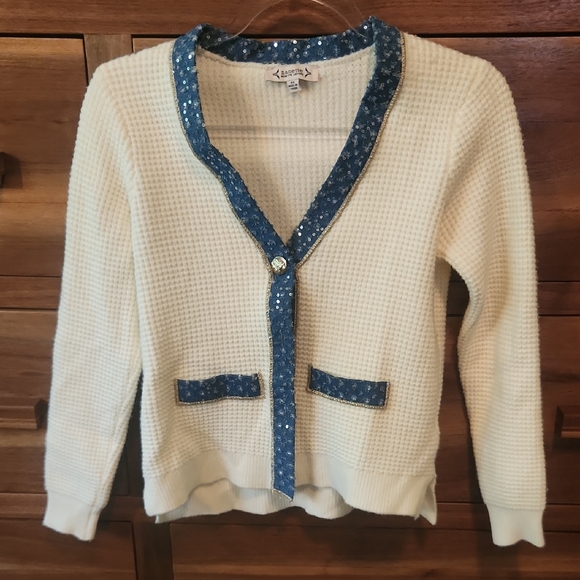 Nanette Lepore Sweaters - Nanette Lepore Cream Cardigan with Blue Sequin Trim NWOT